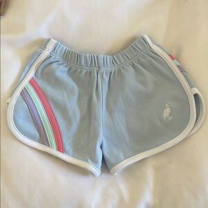 Pastel Blue Athletic Shorts with Rainbow Stripes